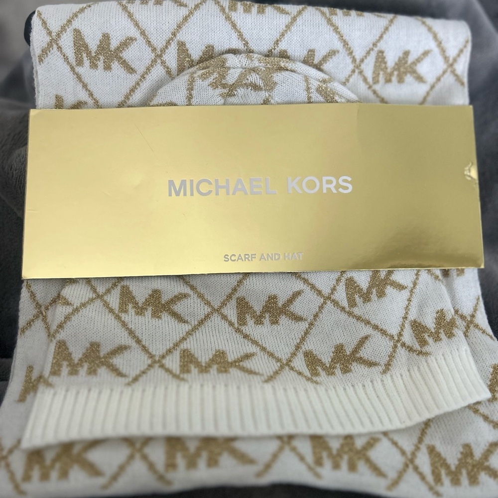 Michael Kors Gold and White Scarf and Hat Set